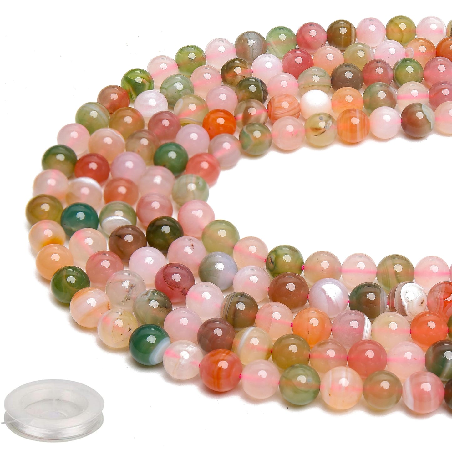 70PCS Natural 8MM Healing Gemstone, Yanyuan Agate Energy Stone Round Loose Beads, Semi-Precious Crystal Beads with Free Elastic String for Jewelry Making DIY