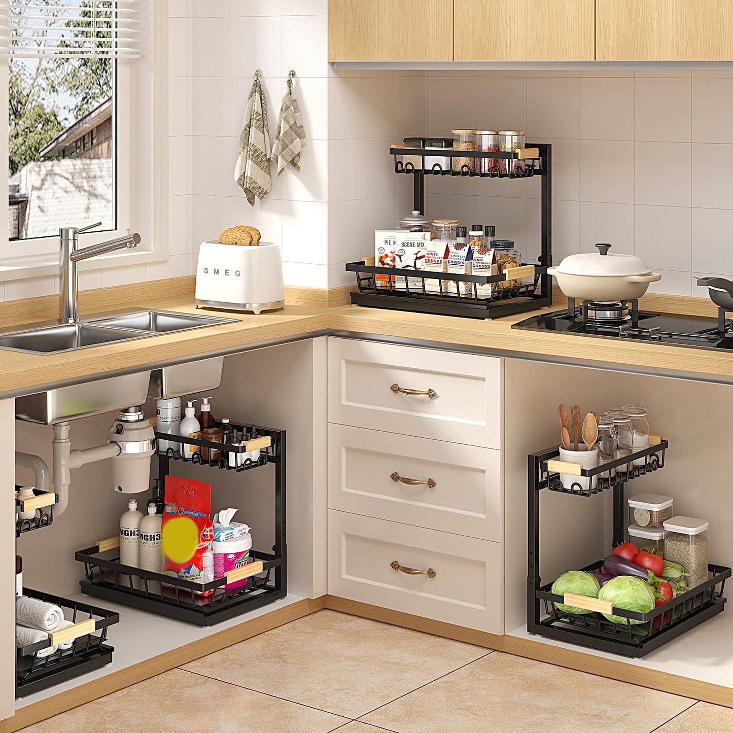 Sevenblue 2 Packs Under Sink Organizer, Height Adjustable 2 Tier Under Kitchen Sink Organizer, Multi-Purpose Storage Shelf for Kitchen Bathroom Cabinet (Black, Large)