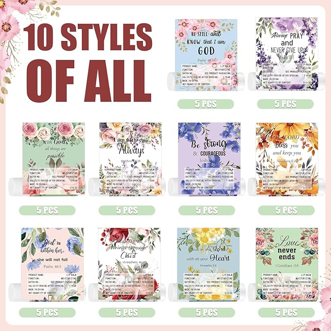 50 Pack Christian Religious Gifts Bulk Lip Balms for Women Men Church Party Favors Bulk Bible Verse Lip Balm with Scripture Inspirational Gifts for Coworkers Staff Employee (Christian Floral)