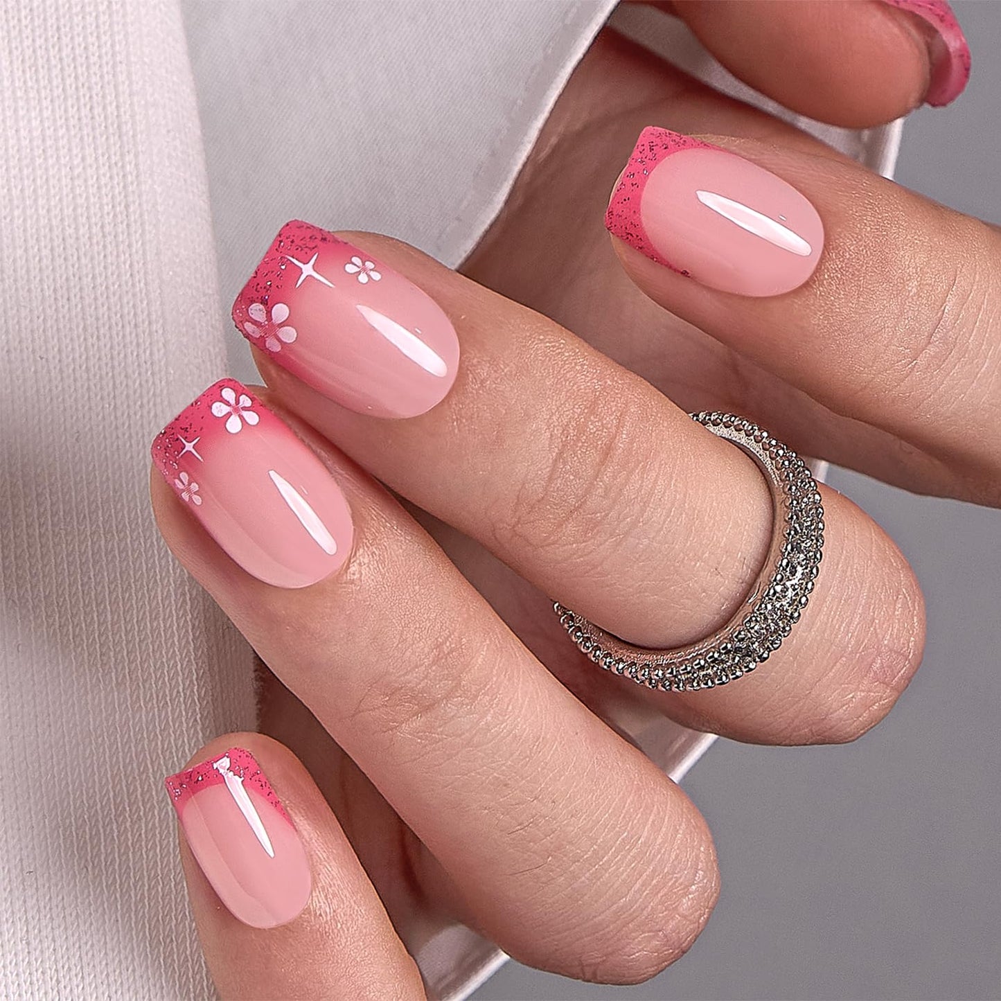 CurvLife Soft Gel Short Press On Nails Square, Spring Kiss Long-Lasting Reusable Fake Nails Kit with Glue & Tabs, 30pcs Salon-Quality Stick On Nails for Women At-Home Manicure