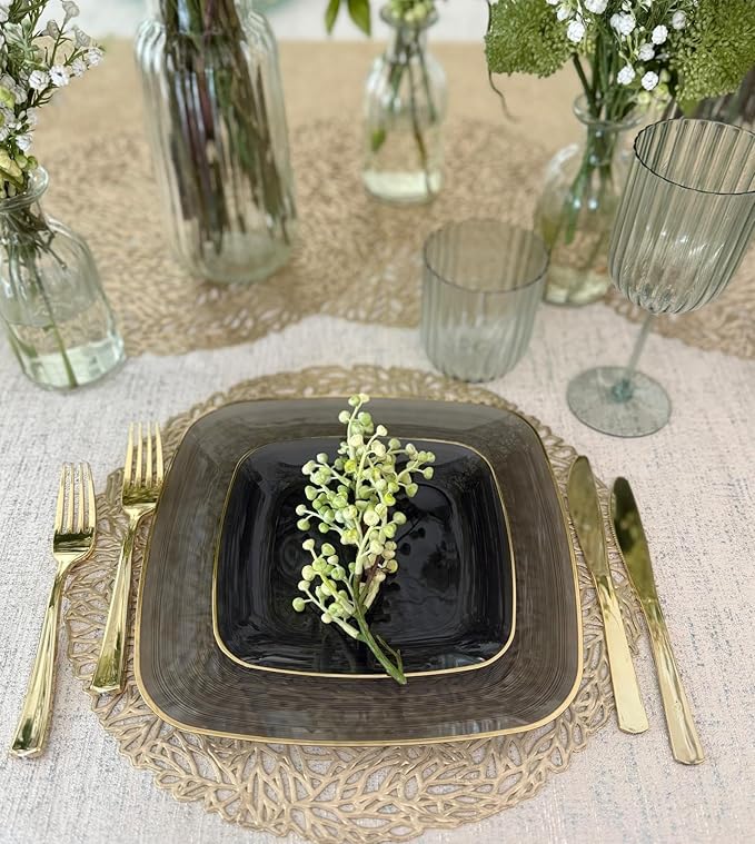 " OCCASIONS " 100 Plates Pack,(50 Guests) Premium Wedding Party Disposable Plastic Plates Set -50 x 10'' Dinner + 50 x 7'' Salad/Dessert (Belize Square in Black & Gold)
