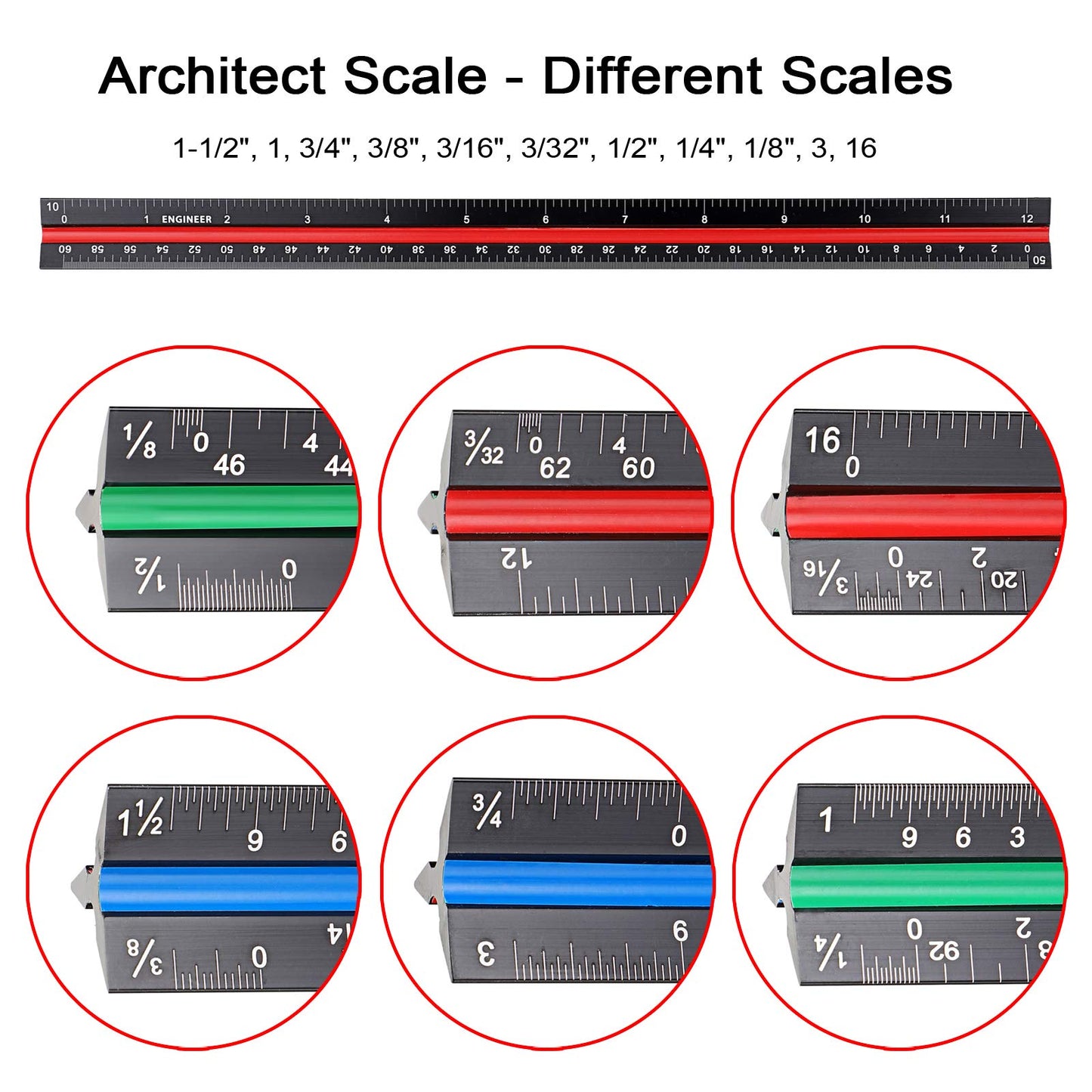 OwnMy 3 Pack 12 Inch Solid Aluminum Triangular Architect Scale Ruler Set, 3-Colors-Groove Architectural and Engineer Scale Metal Ruler Set, Clear Scales Drafting Rulers for Engineer Blueprint Project