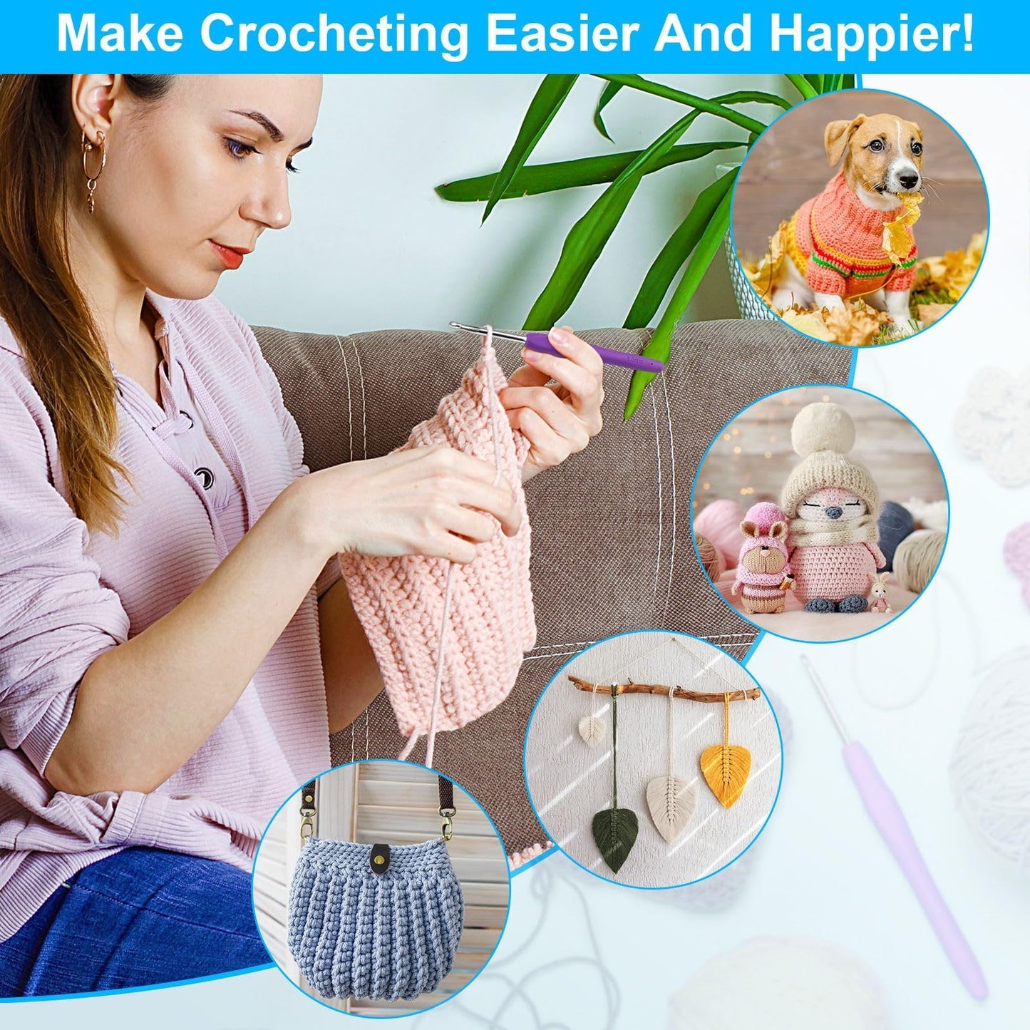 Crochet Hooks 14 Sizes Crochet Hook Set, 53 Pack Yarn Crochet Kit for Beginners, Knitting Needles with Ergonomic Handles for Arthritic Hands, Crochet Needle Kit with Blue Case for Crocheters
