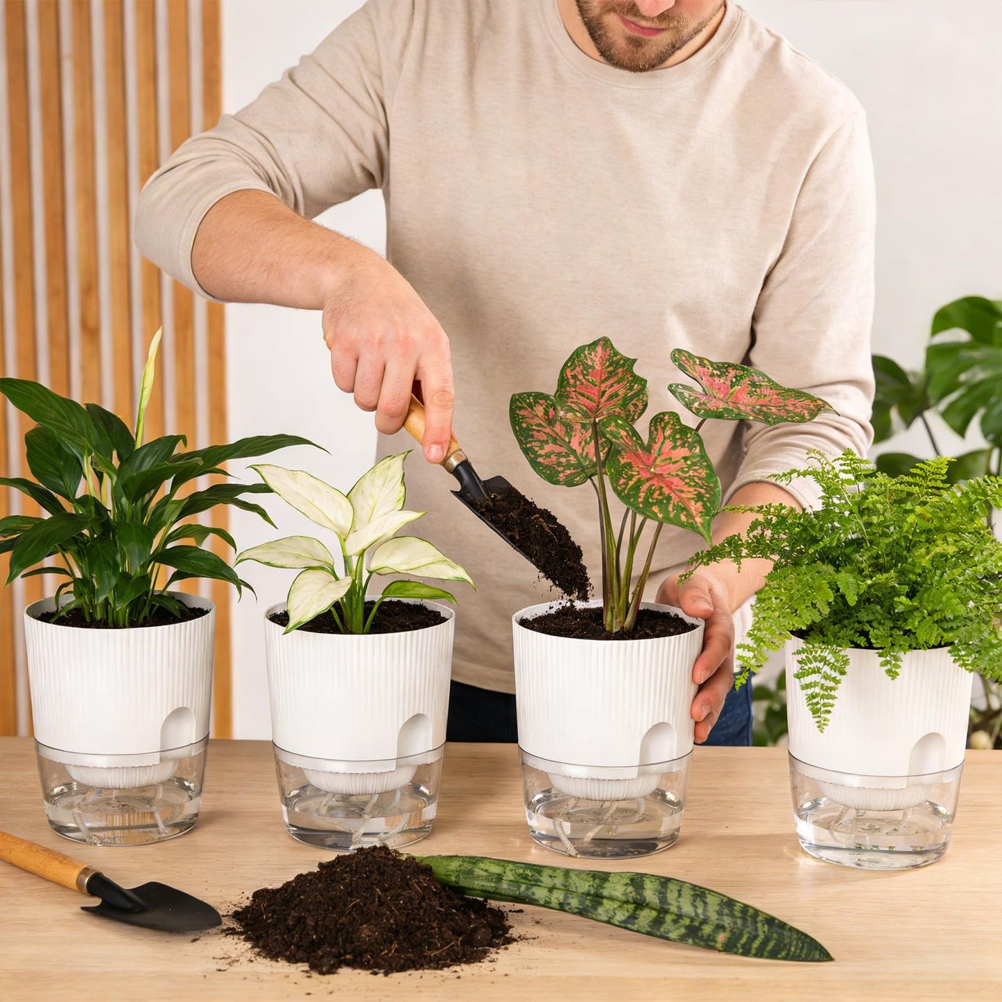 Samhe Plant Pots, 4 Pack 5.7 Inch Self Watering Pots for Indoor Plants, Flower Pots with Deep Reservoir and Drainage Holes - White