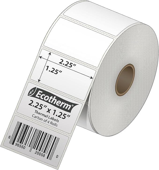 2.25" x 1.25" Thermal Labels | 4 Rolls | 4540 Labels | fits Zebra, Munbyn, Rollo, Godex, Arkscan, iDPRT, Offnova Thermal Label Printers and More | Blank White Adhesive Stickers by Ecotherm