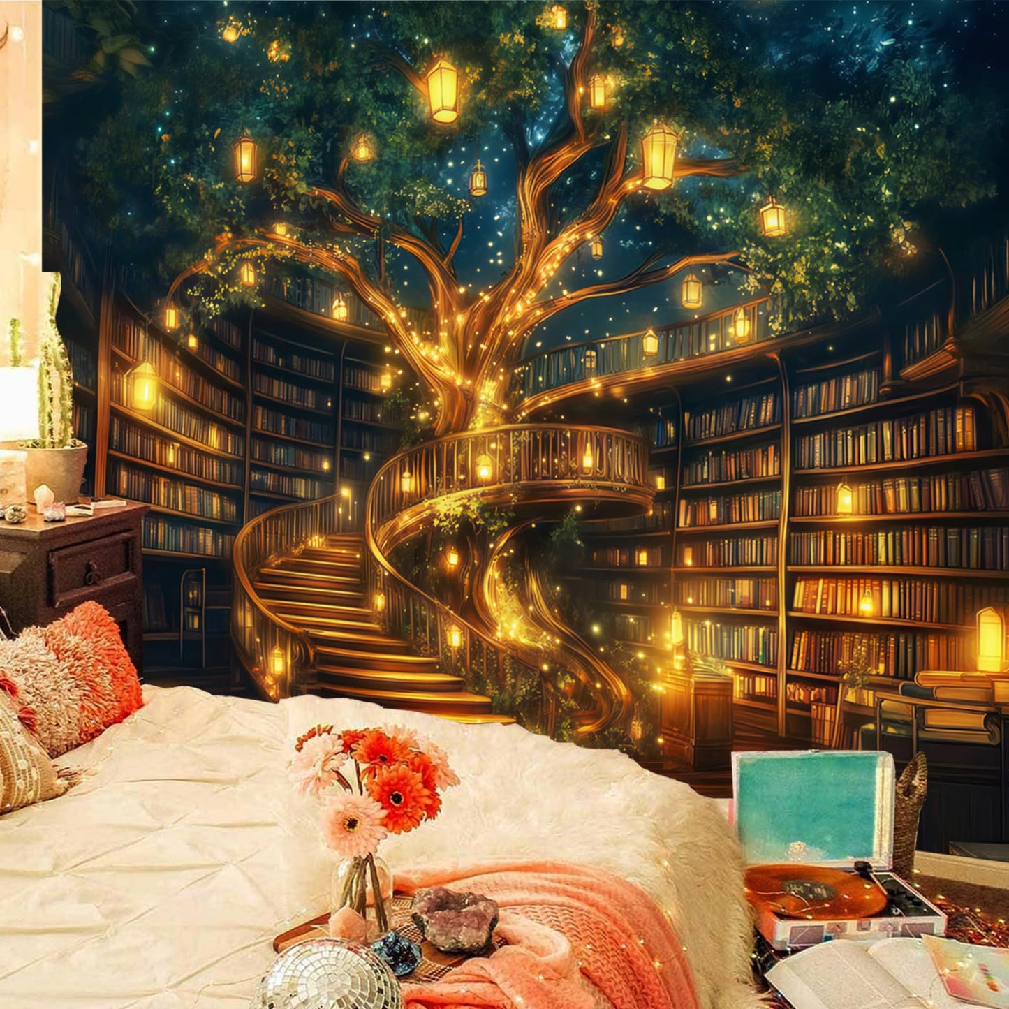Miytal Enchanted Tree Library Tapestry – Magical Bookshelf Reading Room Wall Hanging, Cozy Literary Art Decor for Bedroom, Living Room, or Study - 59.1" x 80"