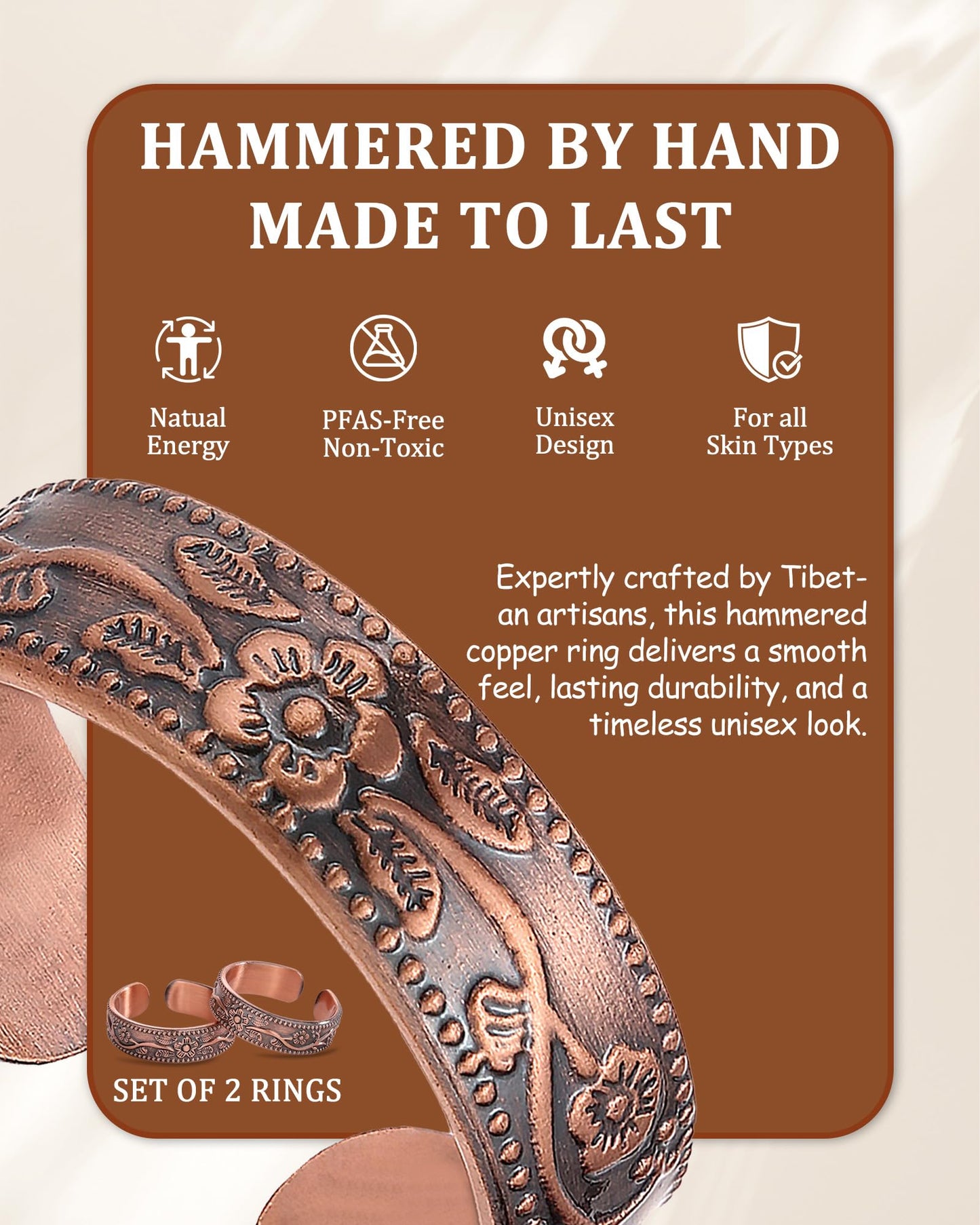 Fashtour 100% Pure Copper Rings for Women & Men (Two-Pack) — Solid Raw Copper — Uncoated Handmade Adjustable Open-End Tibetan Style Rings (Floral)