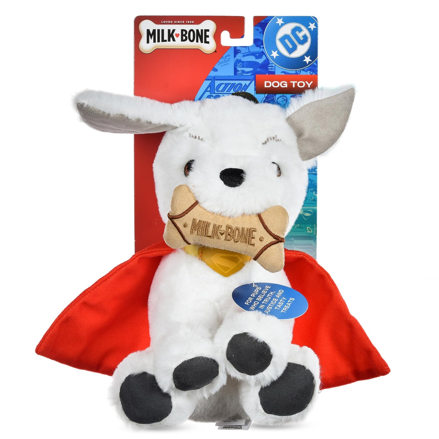 DC Comics Superman Krypto The Superdog Plush Dog Toy – Soft Squeaky Dog Toy with Crinkle Sounds, Cape & Milk-Bone Treat Design, 7.5 Inch