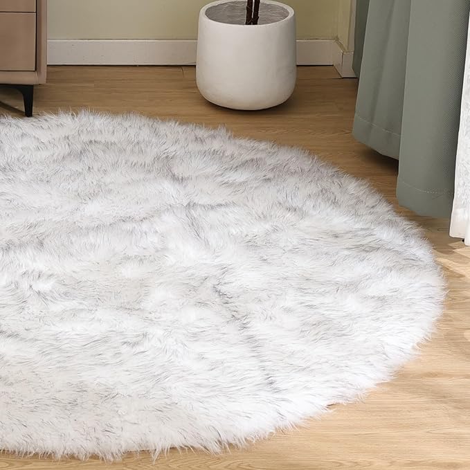 Goolela Round Sheepskin Area Rug 6ft Fluffy Circle Faux Fur Rug for Bedroom Living Room Furry Fuzzy Plush Washable - White with Grey Tips