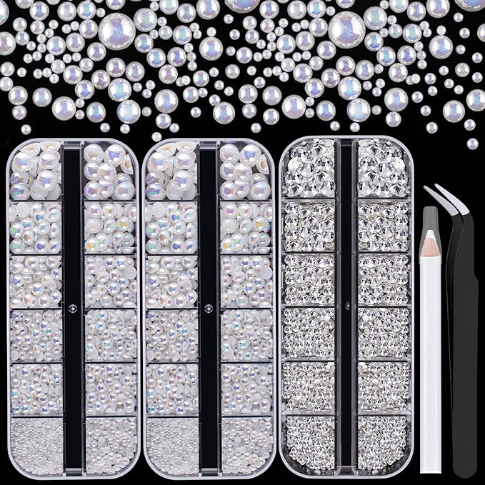 4000PCS Flatback Rhinestones and Half Round Pearls Kit #17, Multi Size Glass Clear Crystals, Plastic Flat Back White AB Dome Bead with Pickup Pencil and Tweezer for Nail Art