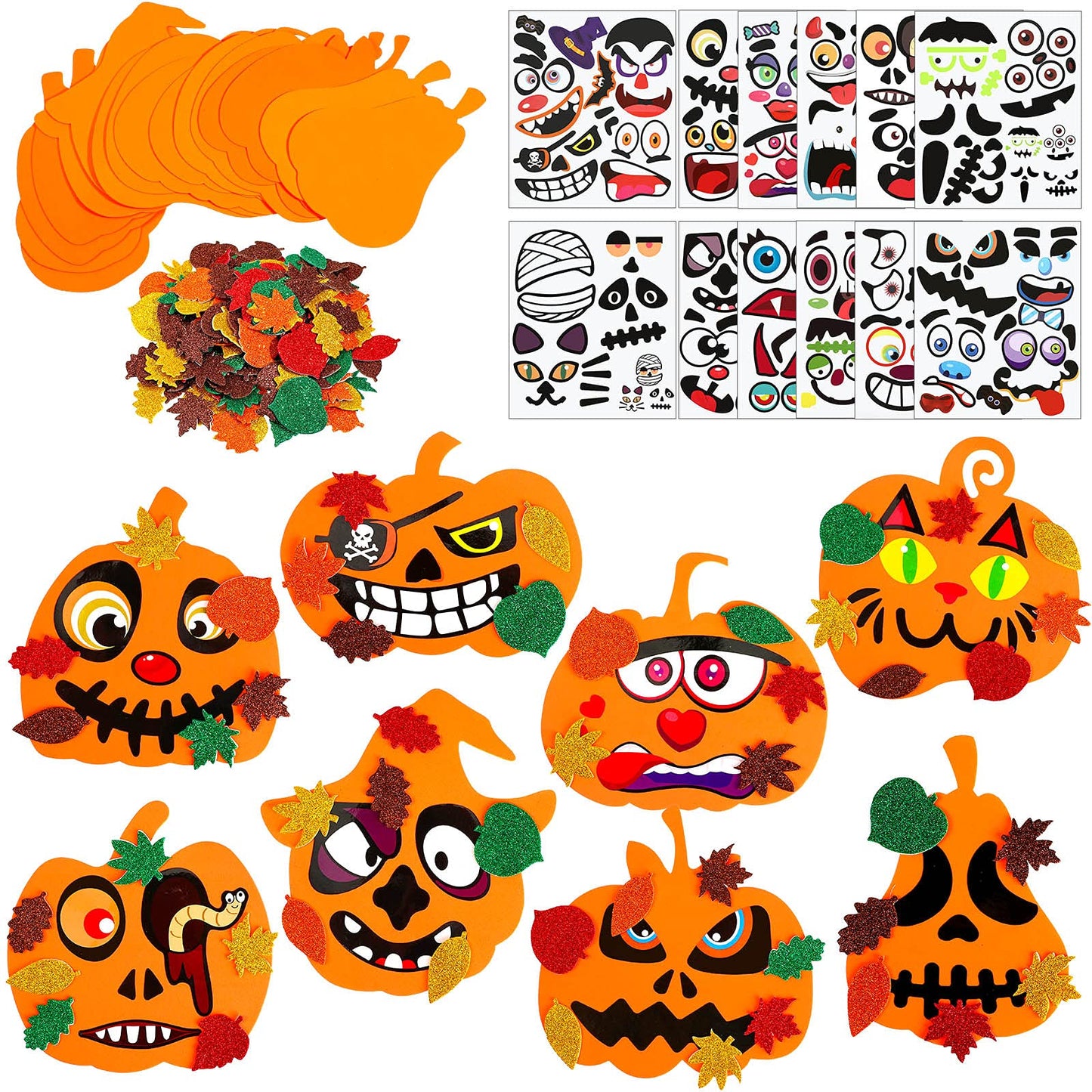 Outus 178 Pcs Halloween Pumpkin Stickers Craft Decorating Kit, 16 Foam Pumpkins 12 Decorating Stickers and 150 Glitter Maple Leaf for DIY Crafts Fall Thanksgiving Party Decorations