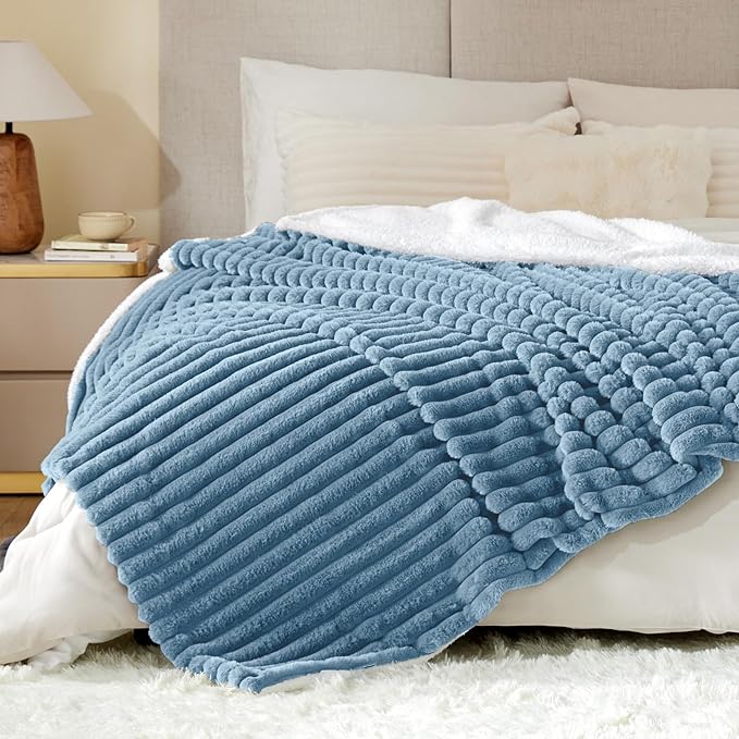 INFIIXSO Sherpa Throw Blanket for Couch - Super Soft & Warm Striped Fleece Blanket, Cozy Plush Fluffy Blanket All Season Use (Light Blue, 60x80 Inches)