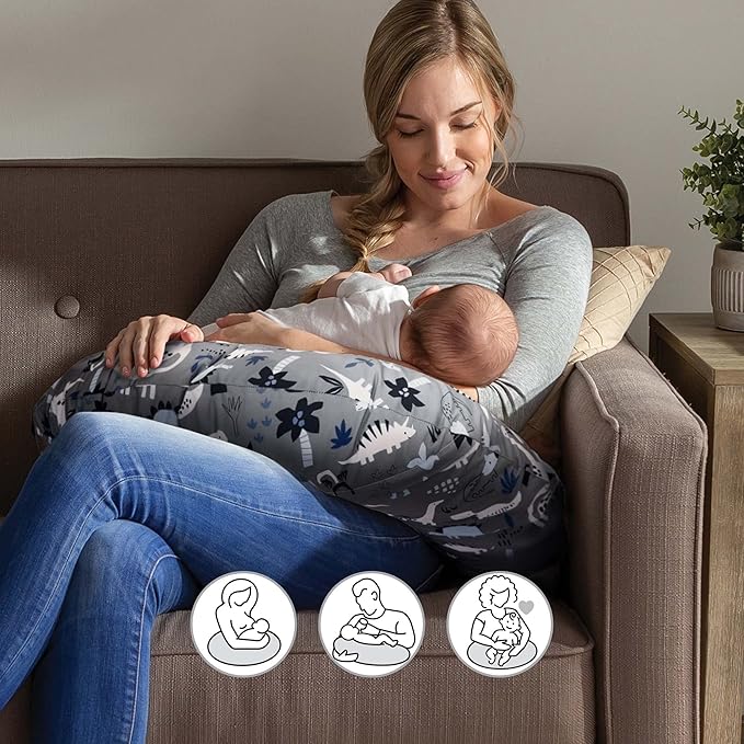 Boppy Original Nursing Pillow, Gray Dinosaurs, Ergonomic Nursing Essentials for Bottle and Breastfeeding, Firm Fiber Fill, with Removable Pillow Cover, Machine Washable