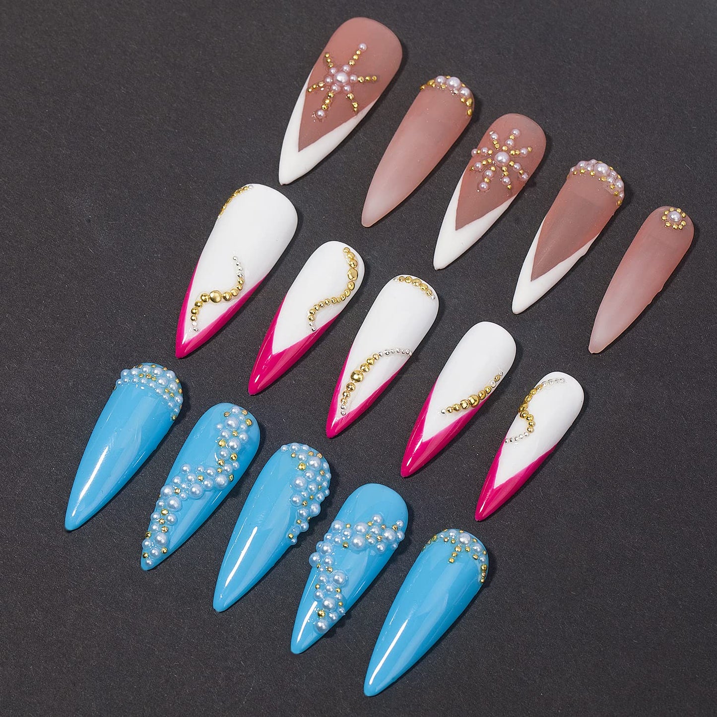 DZHILHMX Nail Charms - Metal Gold & Silver, Flat Back Round Nail Art Charms, Small Nail Pearls, 3D Mixed Sizes Decorations for Nails