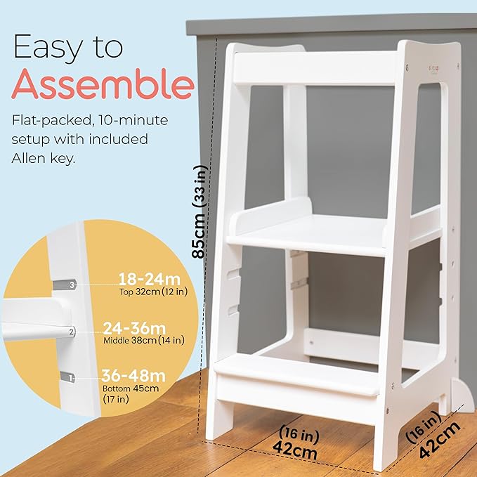 Stepup Baby Toddler Step Stool - Adjustable Height Kids Helper Step Stool, Durable, Non-Slip Platform for Bathroom Sink & Kitchen Counter, Toddler Tower for Exploration and Growth - White