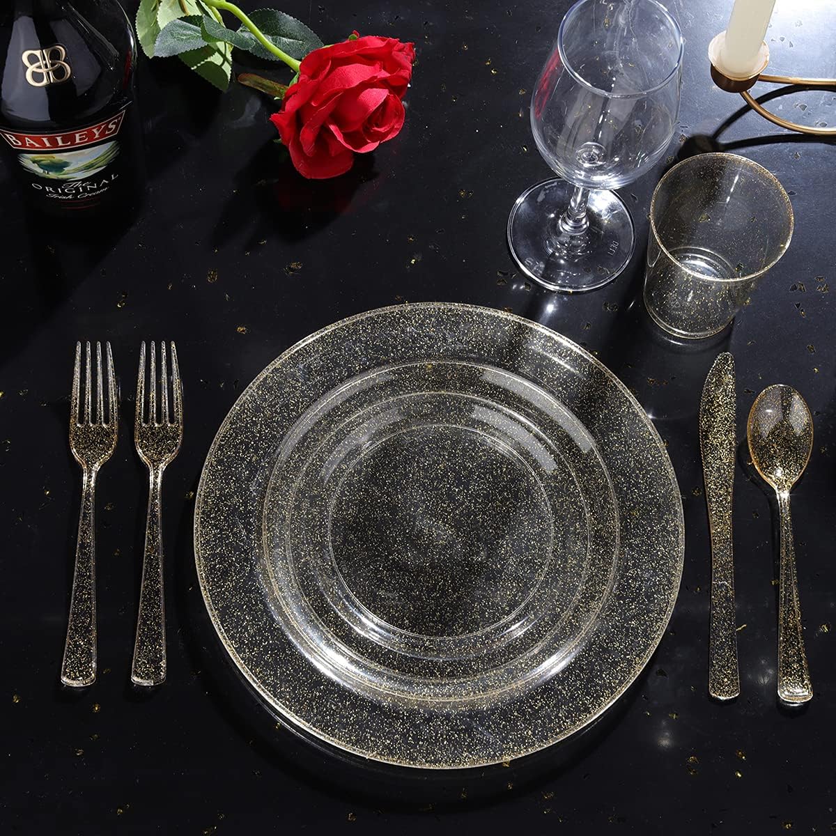 WELLIFE 175 Pieces Gold Glitter Plastic Plates with Silverware and Cups, Includes: 50 Plates, 50 Forks, 25 Knives,25 Spoons and 25 Cups for Party