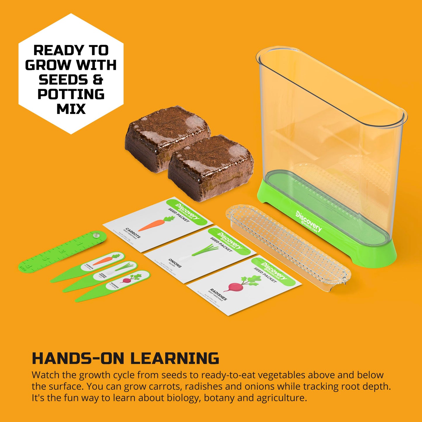 Discovery™ Edible Veggie Garden Watch-It-Grow Kit – DIY STEM Activity for Kids | Grow Carrots, Radishes & Onions| 11-Piece Science Kit with Seeds, Potting Mix & Root Tracker| Learning Toy Gift Ages 6+