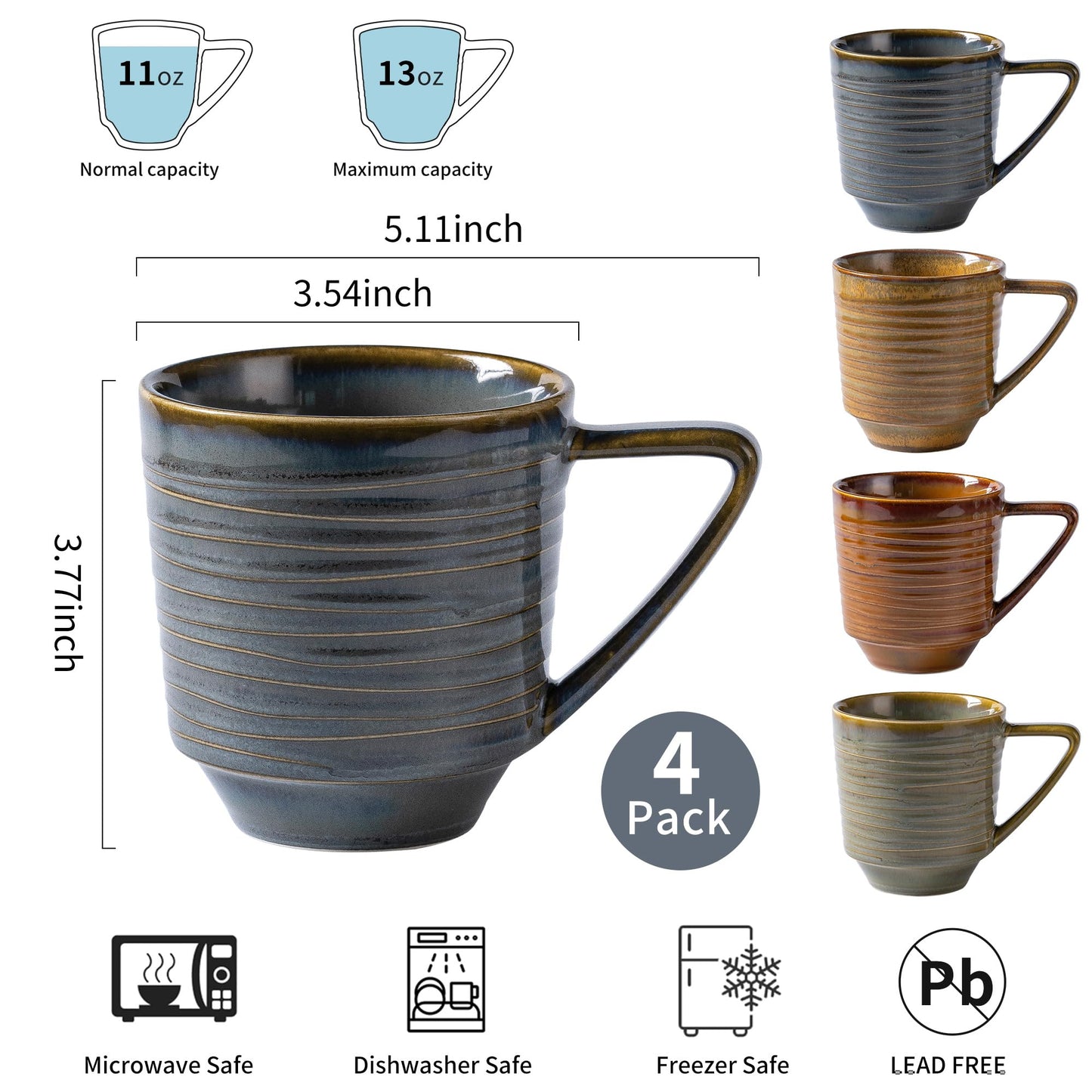 Noevany Ceramic Mugs Set of 4, Mug for Coffee Milk Latte Cappuccino Tea, Office Home Dishwasher Microwave Freezer Safe Stoneware Mixed Cup Mug 13 oz Coil A