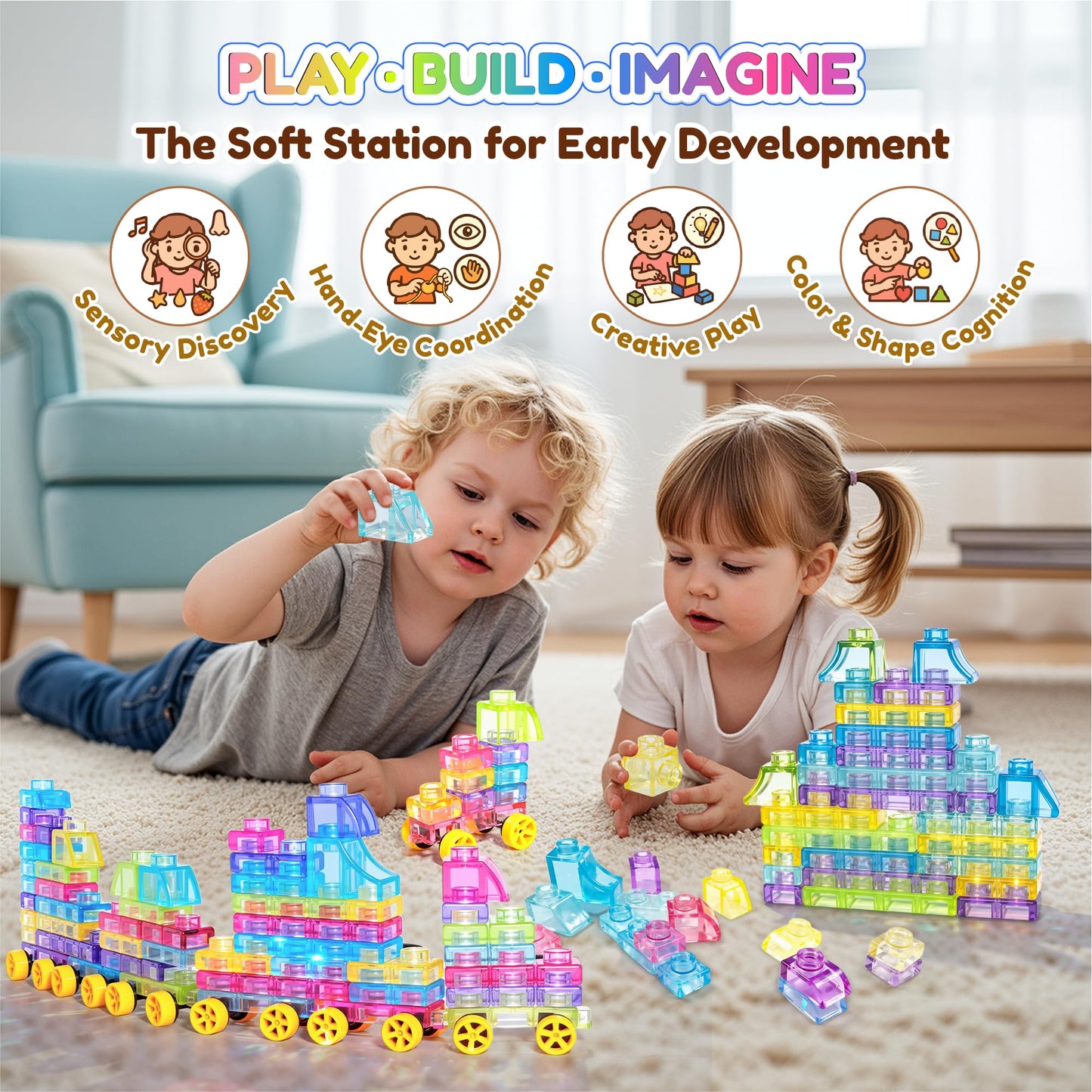 Soft Train Building Blocks with Wheels, 42 PCS Montessori Sensory Stacking Blocks, Toddler Learning Toy with Station, Squeezable, Stretchable & Stackable Tactile Toys, Preschool Creative Play for Kids