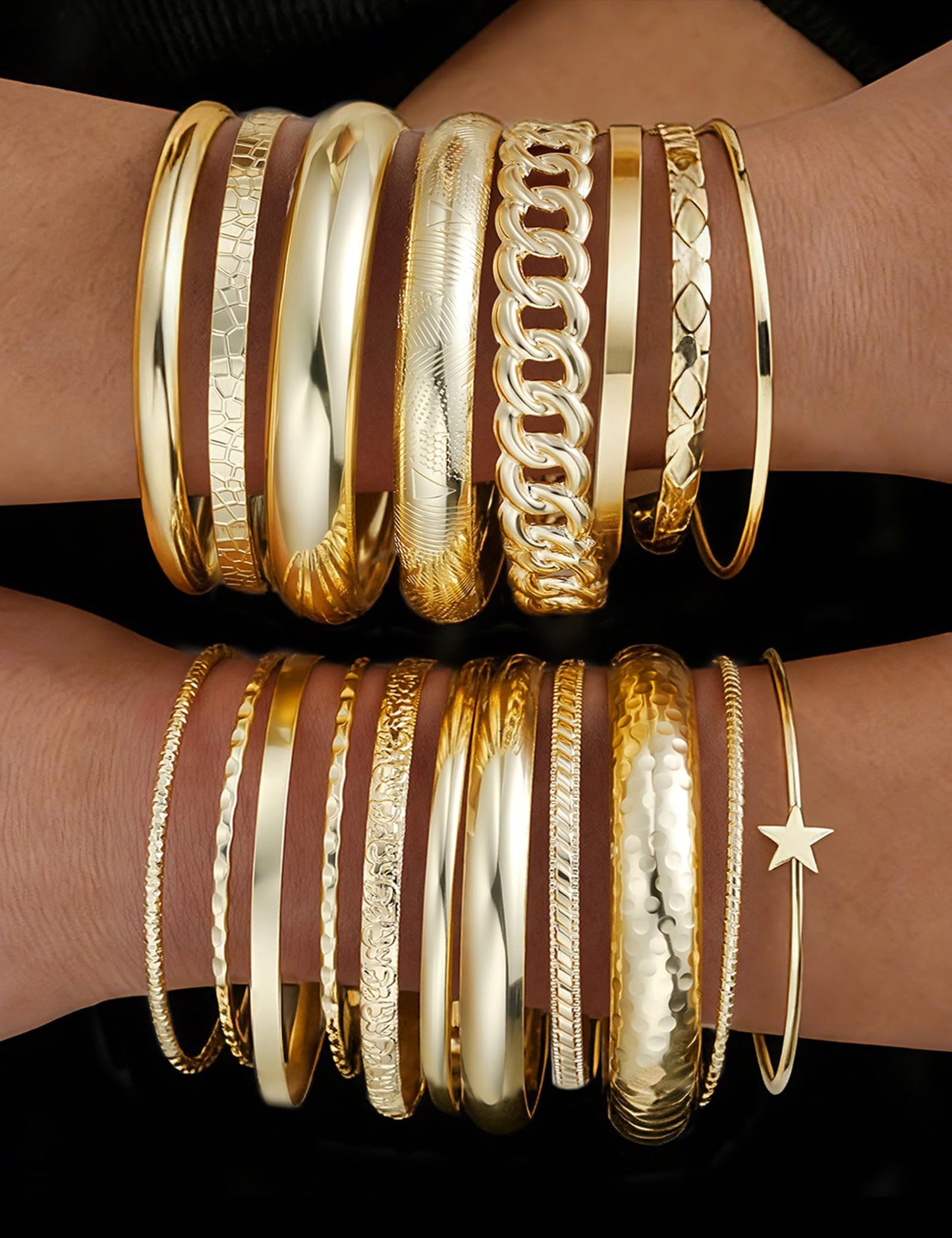 ÌF ME Gold Bangle Bracelets for Women, 19Pcs Multi Stackable Textured Bangles Set, Dainty 14K Gold Plated Chunky Bracelet Stack Fashion Boho Jewelry Gifts for Women