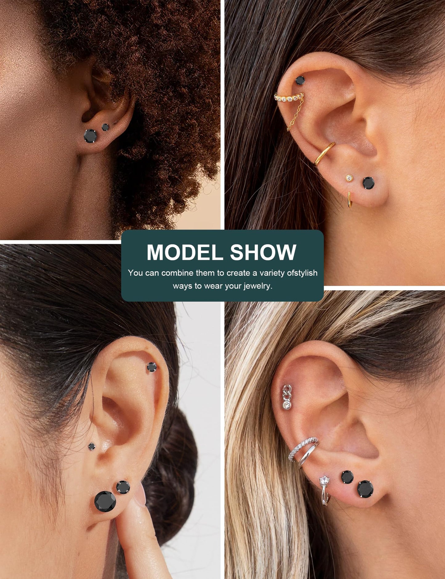 6 Pairs Stud Earrings Set Hypoallergenic Cubic Zirconia 316L Earrings Stainless Steel Earrings for Women (Black)