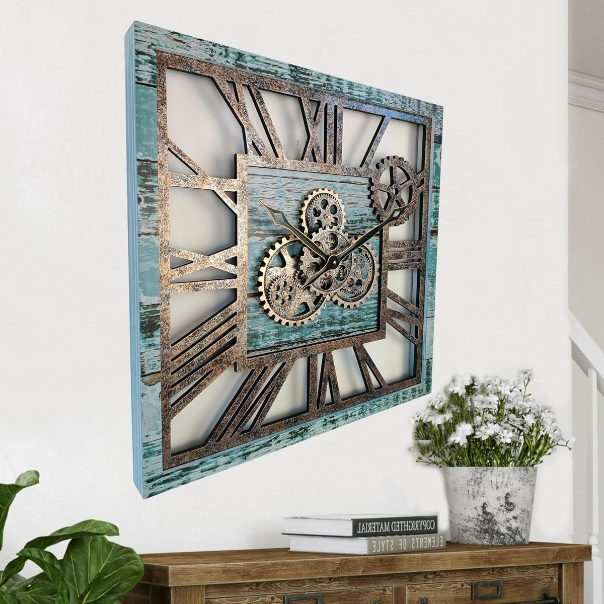 The Gears Clock 24'' Inch Square Real Moving Gear Wall Clock Vintage Industrial Oversized Rustic Farmhouse (Aqua Green)