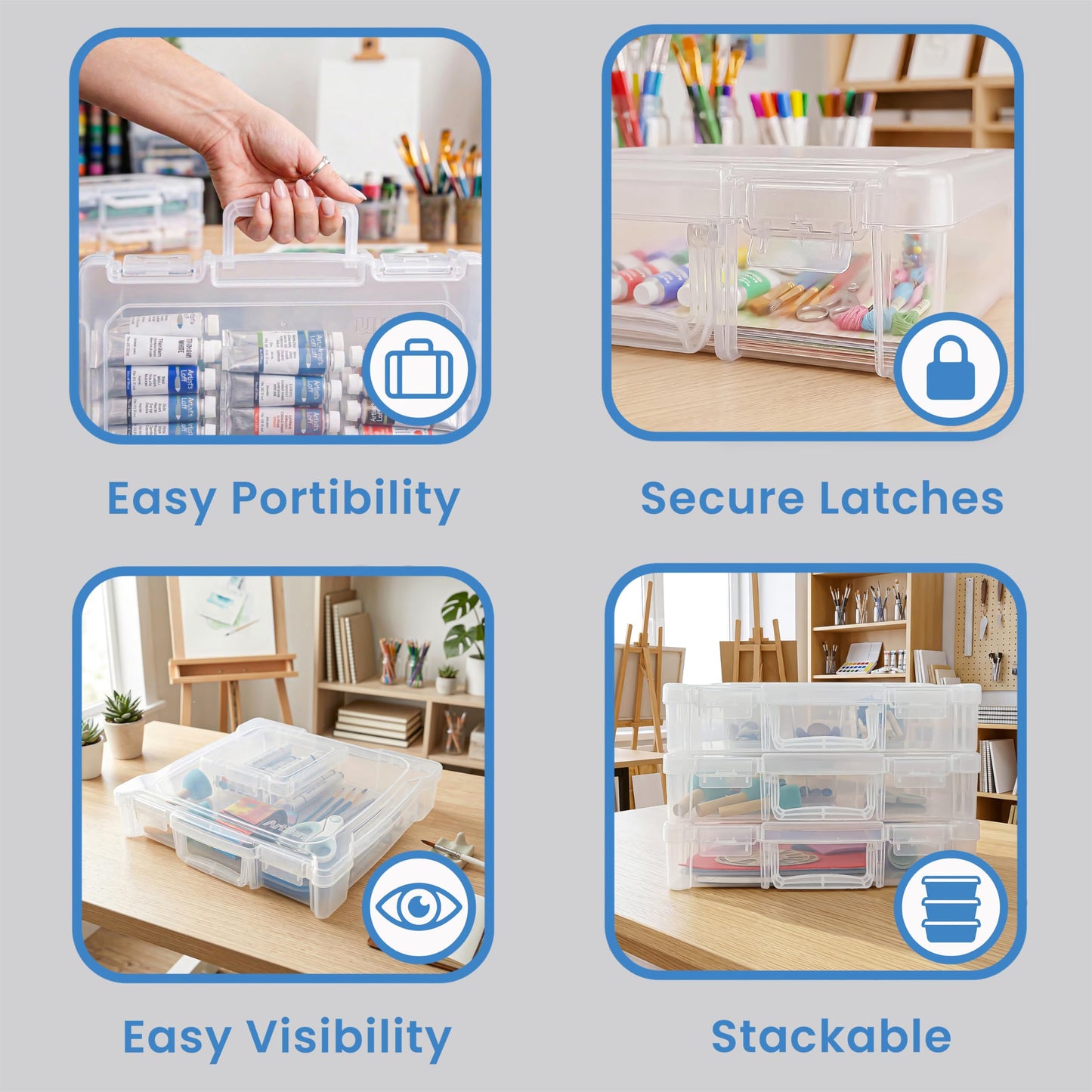 ArtBin 6913ZZ 12" x 12" Portable Art & Craft Organizer with Handle 3-Pack, [3] Plastic Storage Cases, Clear
