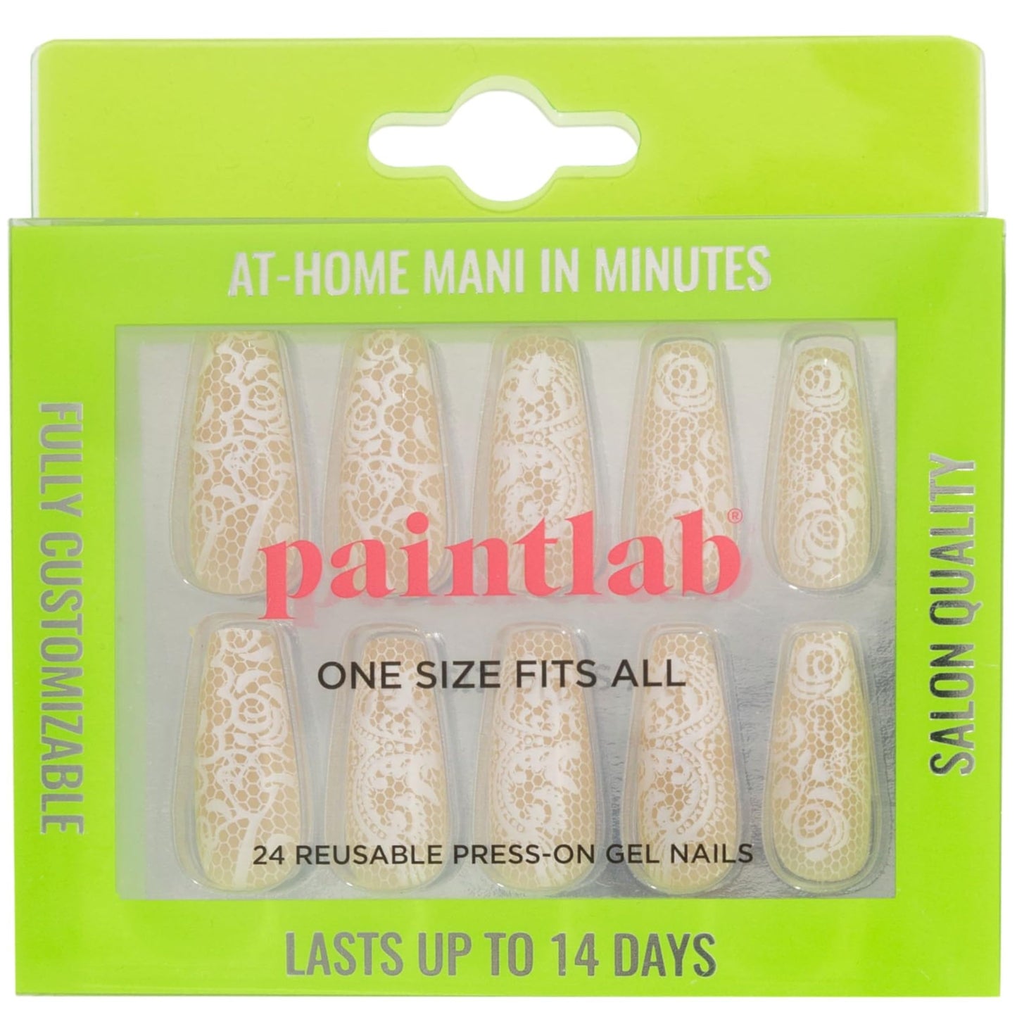 PaintLab Press On Nails - Beige Lace Coffin Fake Nails, 30 Nails in 15 Sizes with Glue, Reusable Salon Quality Press On Nails