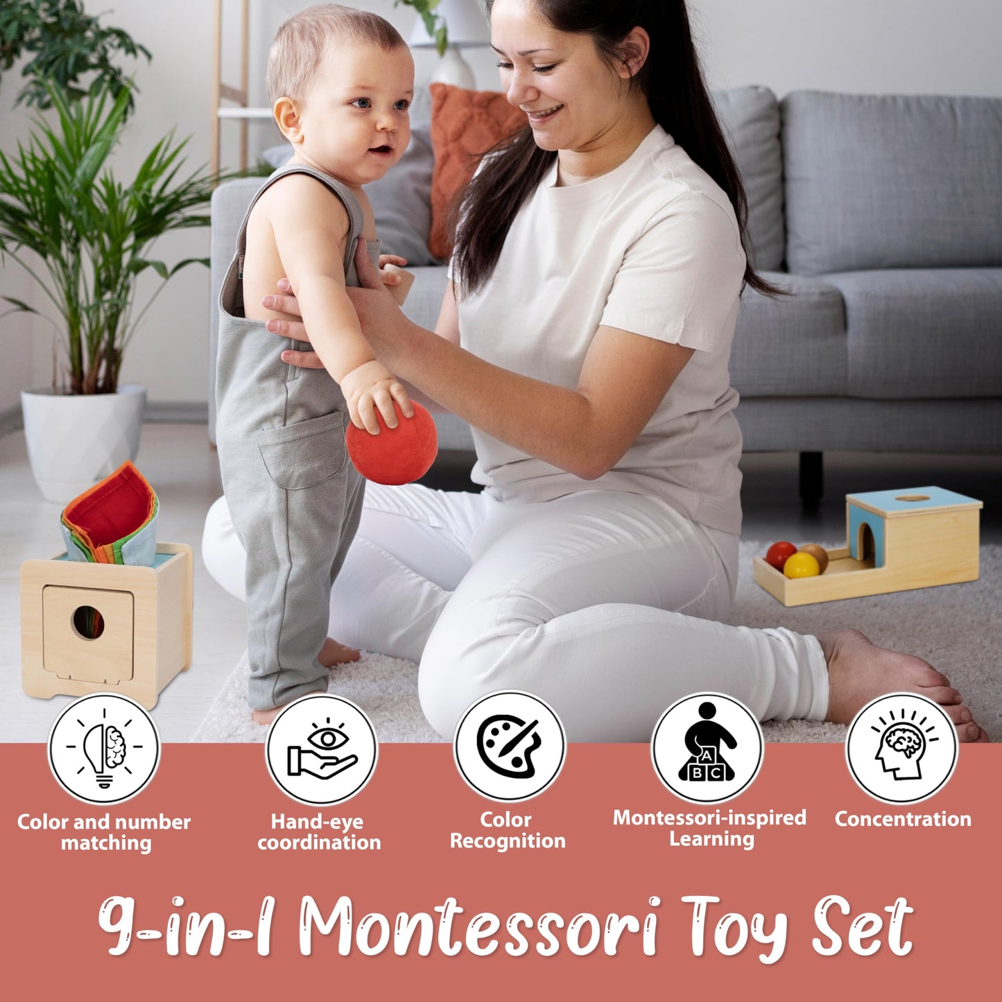 Pine Bunny Montessori Wooden 10-in-1 Toy Set for 7+ Months, Object Permanence Box, Egg and Cup, Tissue Box, Fabric Blocks, Scarf, Educational Learning Sensory Development Fine Motor Skills Baby Toys