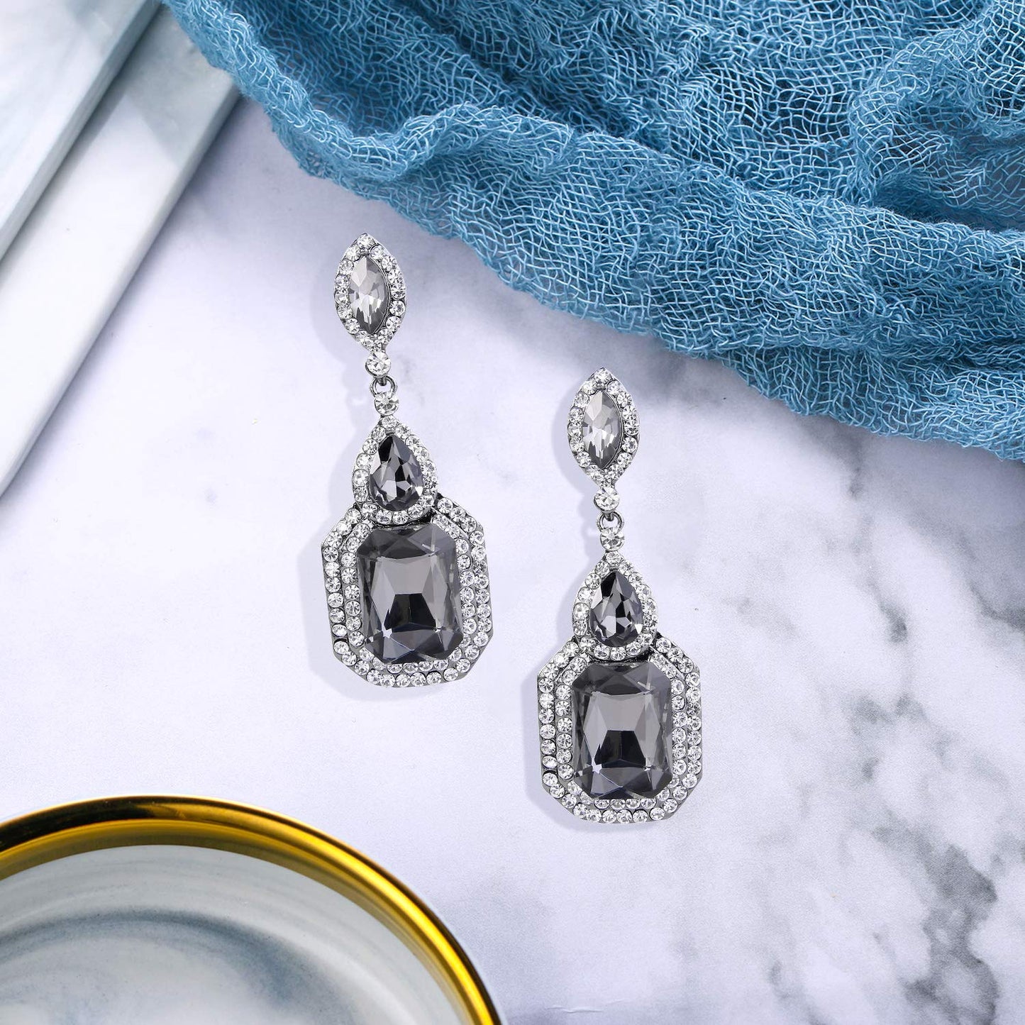 BriLove Wedding Bridal Dangle Earrings for Women Emerald Cut Crystal Infinity Figure 8 Chandelier Jewelry Grey Black-Silver-Tone