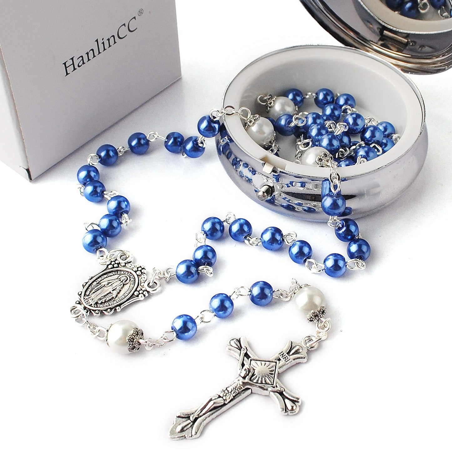 HanlinCC 6mm Glass Pearl Beads with 8mm Our Father Beads with Caps Rosary Necklace Pack in Miraculous Metal Gift Box (Blue Rosary with Miraculous Gift Box)