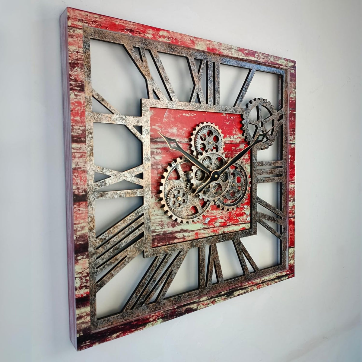 The Gears Clock 24'' Inch Square Real Moving Gear Wall Clock Vintage Industrial Oversized Rustic Farmhouse (Red Lava)