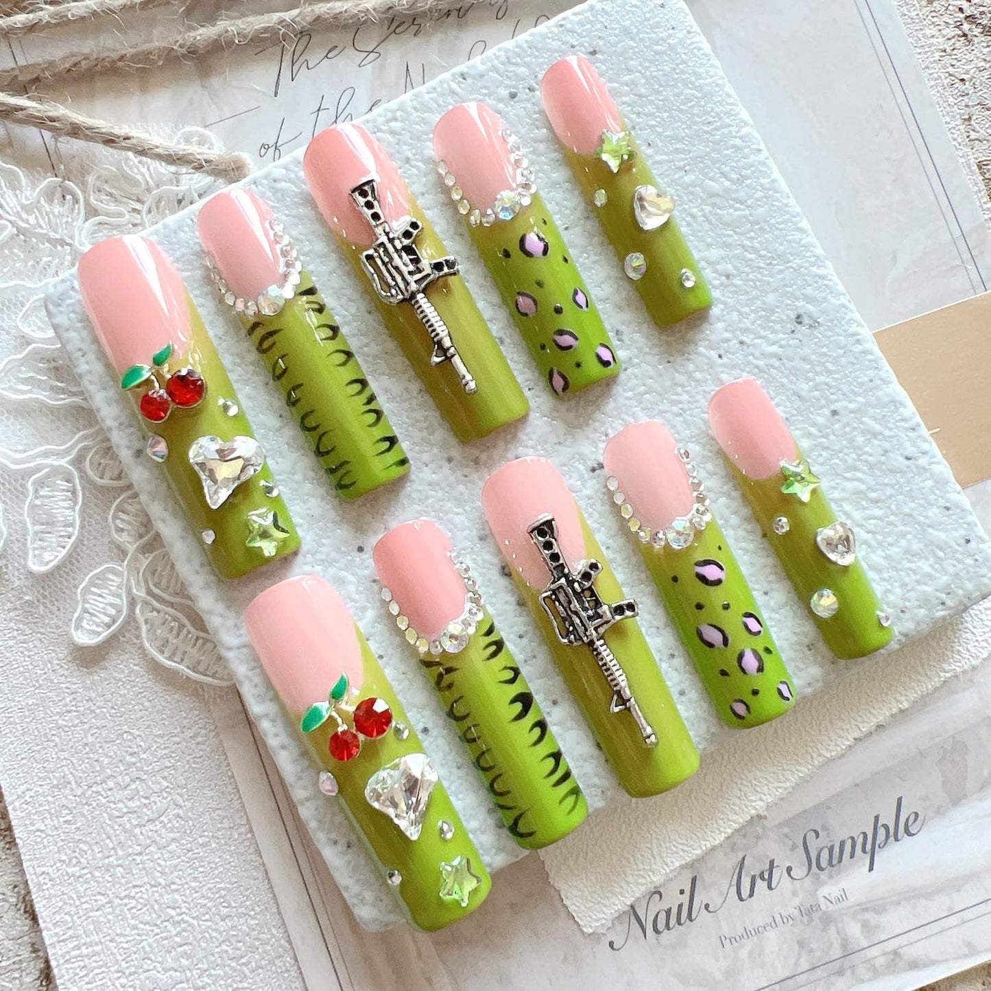 NAIL ANGEL 10PCS/SET Handmade Press on nails Metal Glitter Rhinestone Green Leopard Prints Crystal Cherry Gem Long Coffin Nails Party Nails XXL Long Artifical Tips ZJ-07 (Multi-Color, ZJ07-S)