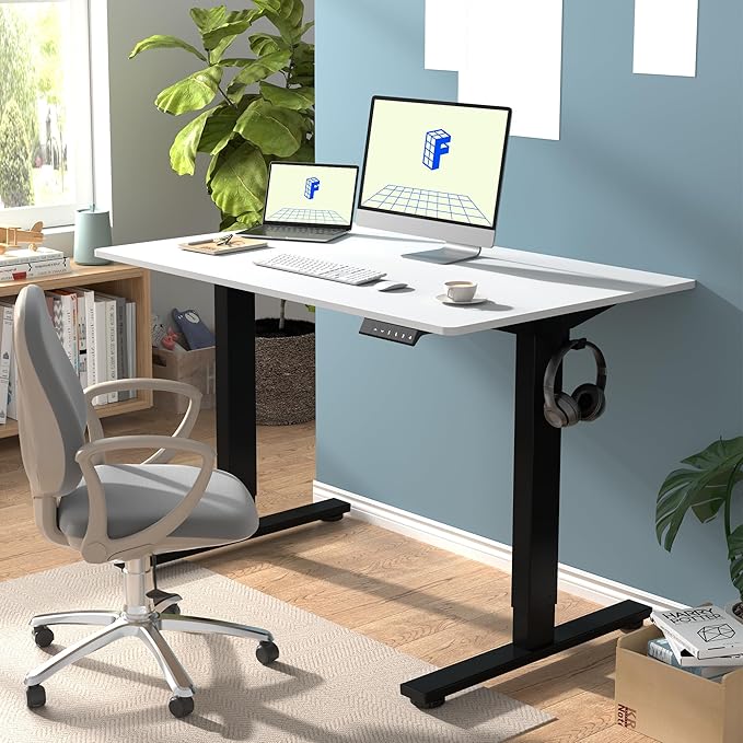 FLEXISPOT EN1 Whole-Piece Standing Desk - 48 x 30 Inches, Electric Height Adjustable, Heavy Duty Steel Frame with Automatic Smart Keypad (Black Frame + White Top, 2 Packages)