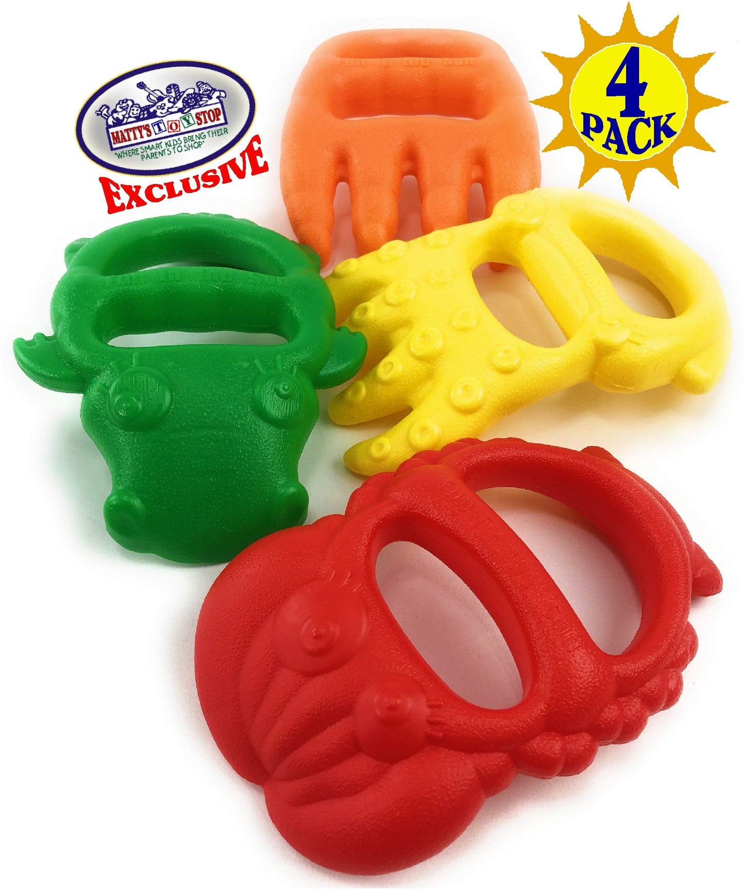 Matty's Toy Stop 7" Plastic Sand Digger Scoop Claws for Sand & Beach (Red, Yellow, Orange & Green) Complete Gift Set Bundle - 4 Pack