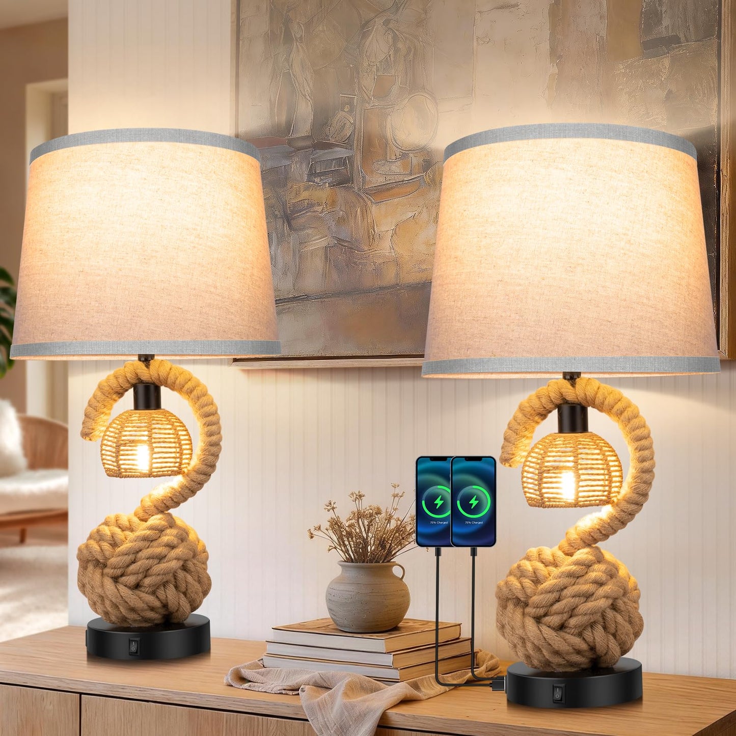22" Rope Lamps for Night Stands, Dual-Lights Bedside Lamps Set of 2, Boho Table Lamps for Living Room, 3-Color Temperatures Boho Lamp with Rotary Switch, Rattan Lamp with USB Ports, 4 Bulbs Included