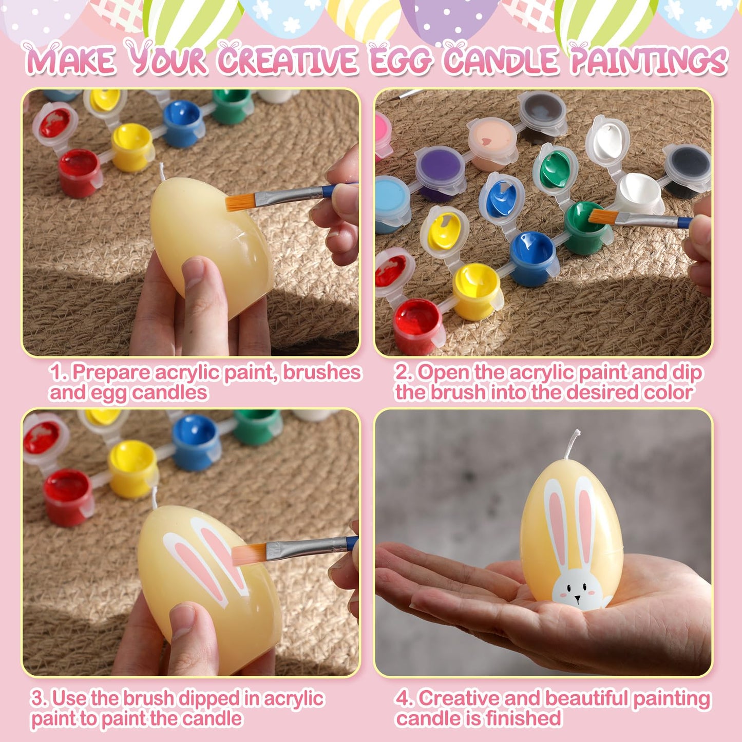 Conelist 25 Pcs Easter Egg Candle Painting Kit Easter Painting Crafts for Adult Macaron Egg Shaped Candles with Carton Acrylic Paint Strips Paintbrushes for Spring DIY Gift Basket Stuffers