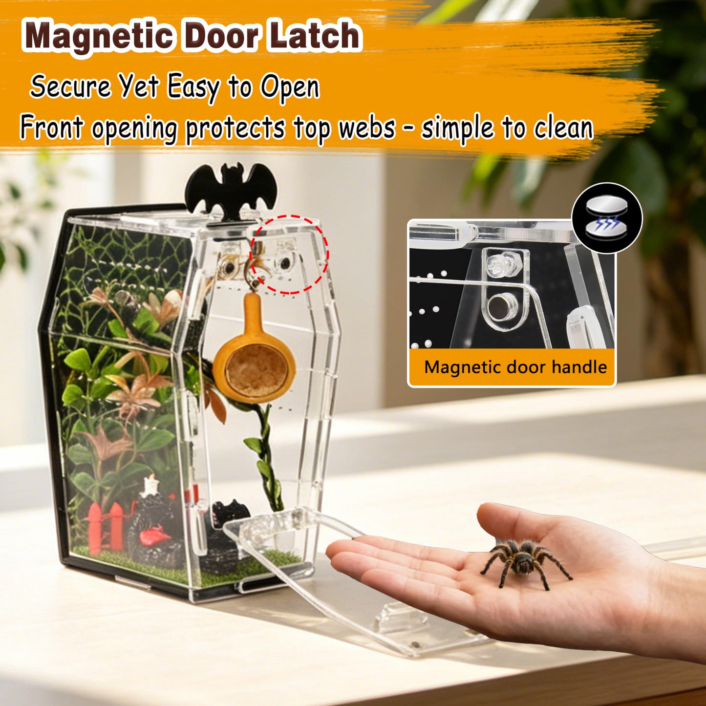 ZUIFIANLE 19PCS Jumping Spider Enclosure Kit, Acrylic Goth Coffin Terrarium with Magnetic Lock & Feeding Hole, DIY Decor Set for Tarantula Mantis Insect Habitat, Black Base