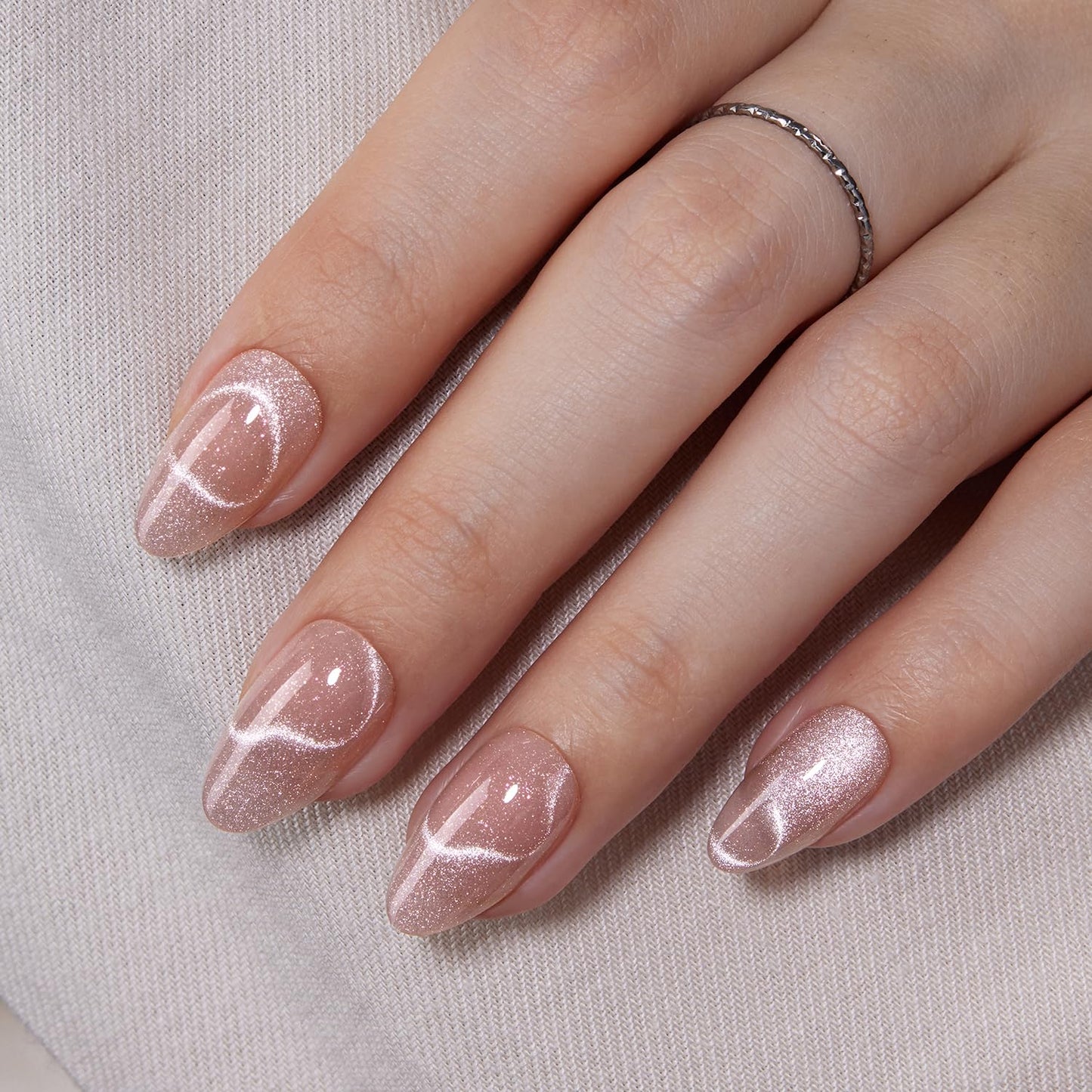 VSALON Press On Nails Short Almond, Nude Pink Cat Eye & Ribbon Cat Eye Silver Fake Press On Nails Set