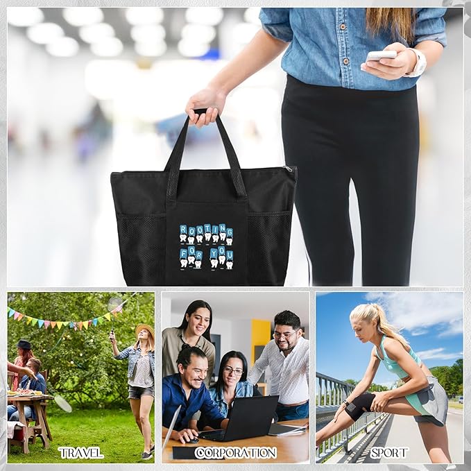 Roowest 5 Pcs Dental Hygiene Appreciation Christmas Gifts Tote Bags with Mesh Pockets Tote Bags Zipper for Dentist Assistant Accessories(Black)