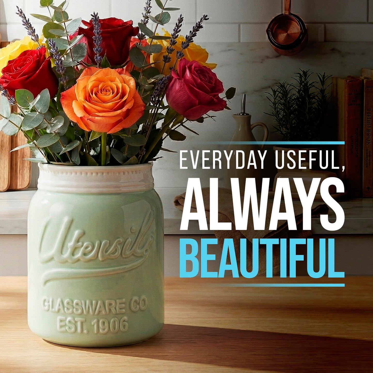 Comfify Wide Mouth Mason Jar Utensil Holder Decorative Kitchenware Organizer Crock, Dishwasher Safe - Kitchen Caddy Green, Large Size 7" Hight