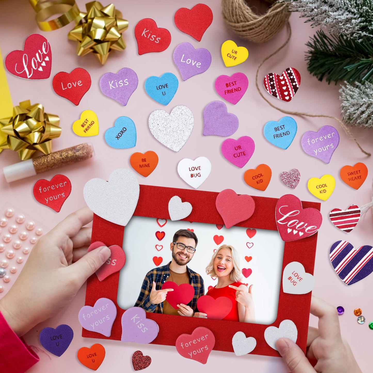 Ferraycle 232 Pieces Valentines DIY Picture Frames Craft Kit 32 Pcs Photo Frames with 200 Pcs Heart Shaped Foam Stickers for Valentine‘s Day, Craft Art, Home Decor(Rectangular Shape)