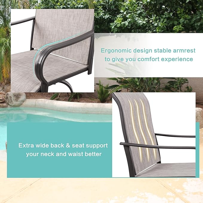 Vongrasig 5 Piece Patio Swivel Bar Set, All Weather Mental Textilene High Swivel Bar Stools Chair Set of 4 and Glass Bar Table, Outdoor High Top Bistro Set for Lawn Garden, Balcony, Taupe