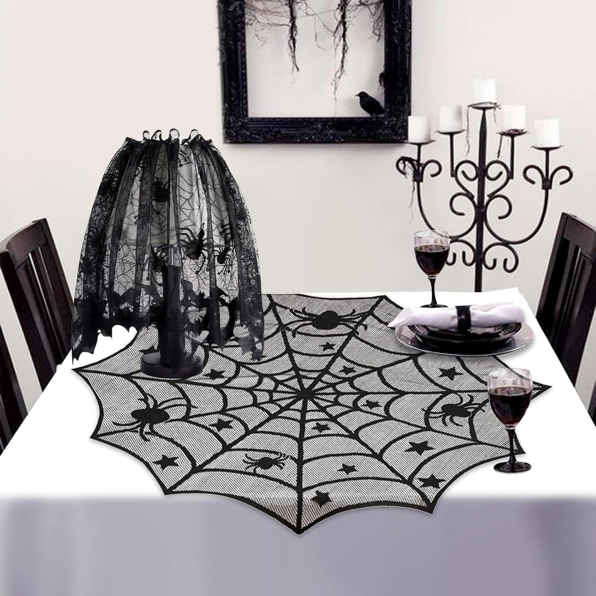 5Pack Halloween Decorations Indoor Halloween Decor Black Lace Table Runner Fireplace Mantel Scarf Round Tablecloth Cobweb Lampshade with 32 Pcs 3D Bat Wall Stickers