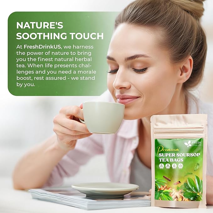 FreshDrinkUS, Super Soursop Herbal Tea – 60 Tea Bags | Soursop, Ginger, Turmeric, Lemongrass, Cinnamon, Black Pepper & Peppermint | Caffeine-Free, Natural Flavor, Plant-Based Blend | Sugar-Free