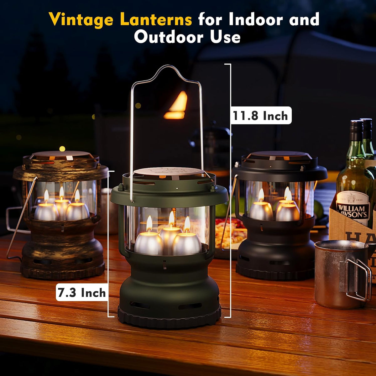3-Wick Emergency Candle Lantern for Power Outages [18H+ Burning Time] Vintage Decorative Candle Lantern for Real Candles, Outdoor Portable Camping Survival Lighting [7.1"*5.7" - Forest Green]