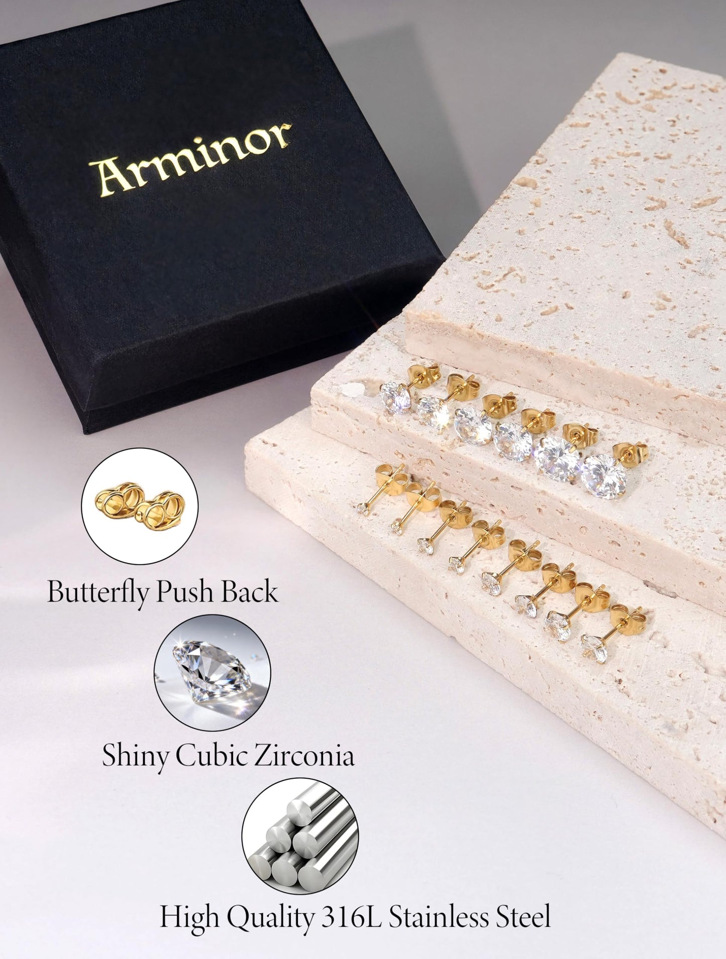 Arminor 7 Pairs 20G Stud Earrings for Women Men Hypoallergenic 316L Surgical Stainless Steel Earrings for Multiple Piercing | AAAAA+ Cubic Zirconia Earring Stacks with Butterfly & Silicone Backs