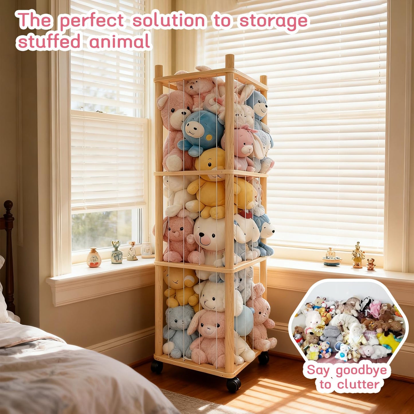 Vercxlyra Stuffed Animal Zoo Storage - Sturdy Solid Wood Toy Organizer with Lockable Wheels, Easy-Assemble/Clean, Large Capacity Plush Toy Cage, Space-Saving for Toddler/Playrooms/Bedrooms