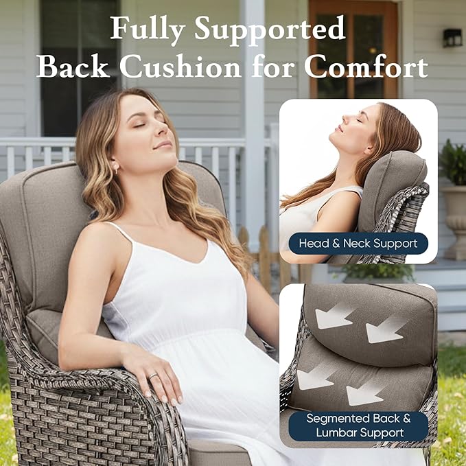 Belord Luxury 6" Thick Cushioned 7 Pieces Patio Furniture Set with Fire Pit Table, Wicker Outdoor Conversation Set with High Back Swivel Rocker Chairs for Deck Porch Yard and Poolside - Grey+Grey