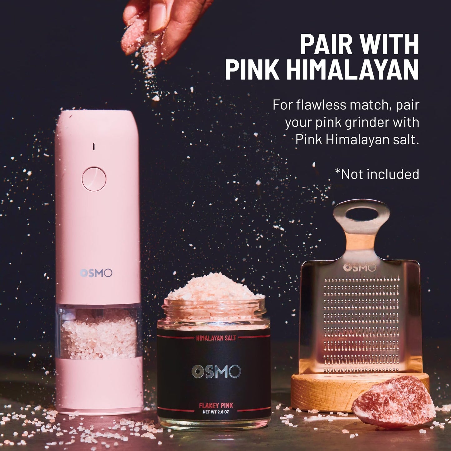 Osmo Rechargeable Electric Pepper Grinder - Adjustable Coarseness, LED Light, Ceramic Core, Battery Operated Mill, One Button Operation for Gourmet Cooking - Pink
